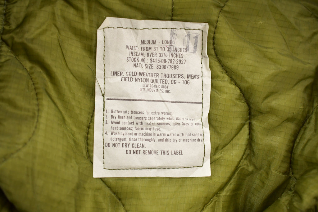 True Vintage 1983 Military Cold Weather Liner Pants Size Medium Long