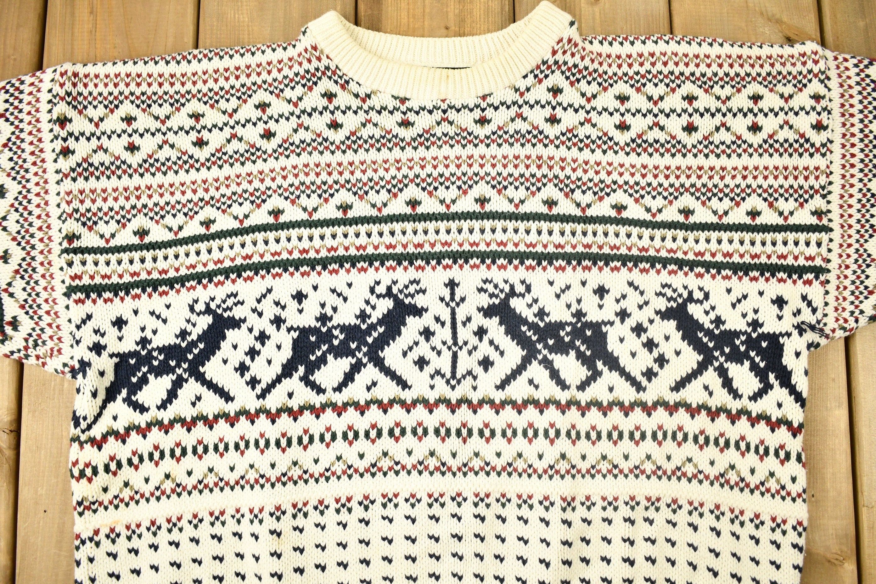 Vintage 1990s Landscape Reindeer Theme Knitted Crewneck Sweater