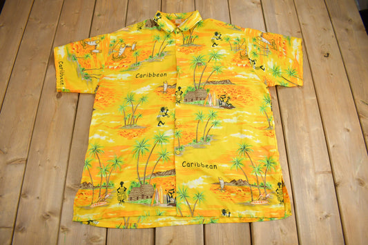 Vintage 1970s All Over Print Caribbean Theme Button Up Shirt / Floral Print / Beachwear / Resort Wear / Vacation Shirt