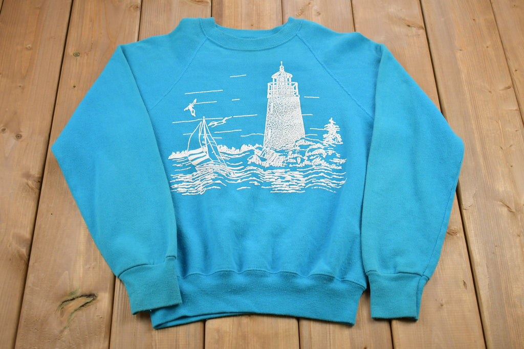 Vintage 1990 Lighthouse Graphic Raglan Crewneck Sweatshirt