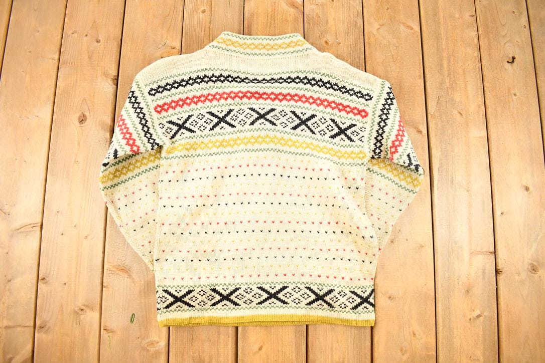Vintage 1970s Figgjo Made In Norway Knit Abstract Pattern Crewneck Sweater Mens S