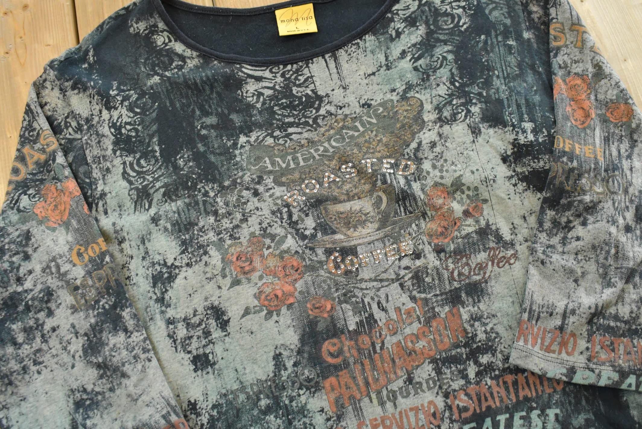 Vintage Y2K Mona Lisa Coffee Rhinestone AOP Long Sleeve T-Shirt Womens XL / 00s Souvenir Tee / 2000s Shirt / Streetwear / Made in USA