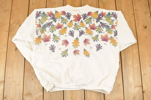 Vintage 1990s Artisans Fall AOP Graphic Print Button Up Crewneck Sweatshirt Women's XL / Made In USA / 90's Destination Sweater
