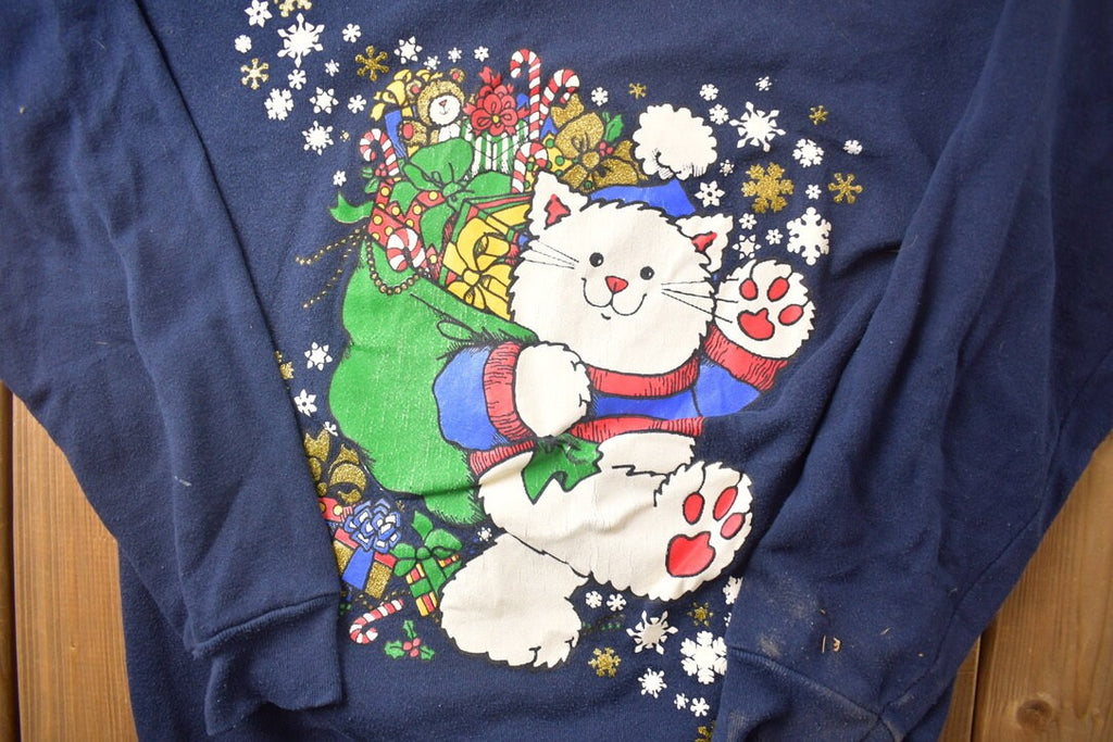 Vintage 1990s Santa Cat Christmas Themed Crewneck Sweatshirt
