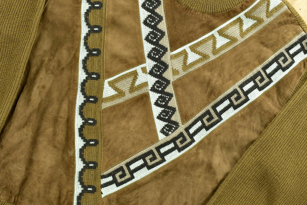 Vintage 1980's Modango Italian Knitted Sweater Sueded Patchwork Made In Italy
