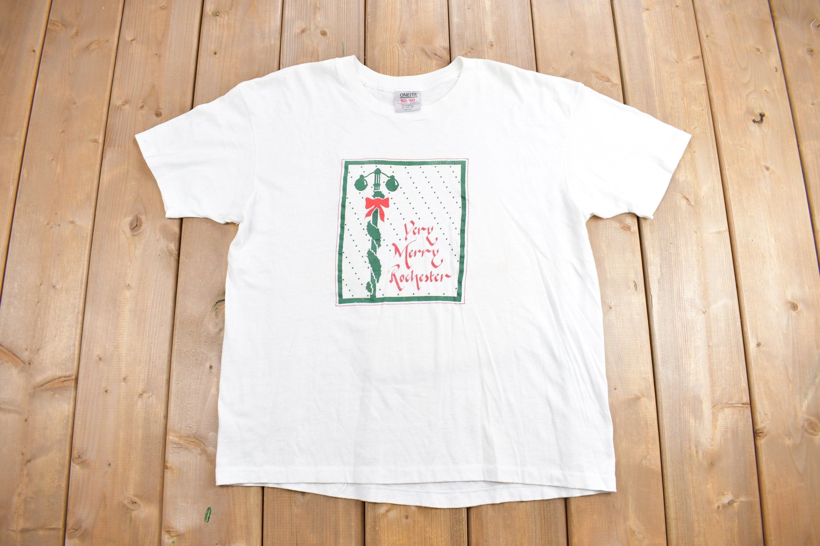 Vintage 1980s "Very Merry Rochester" Christmas Graphic T Shirt