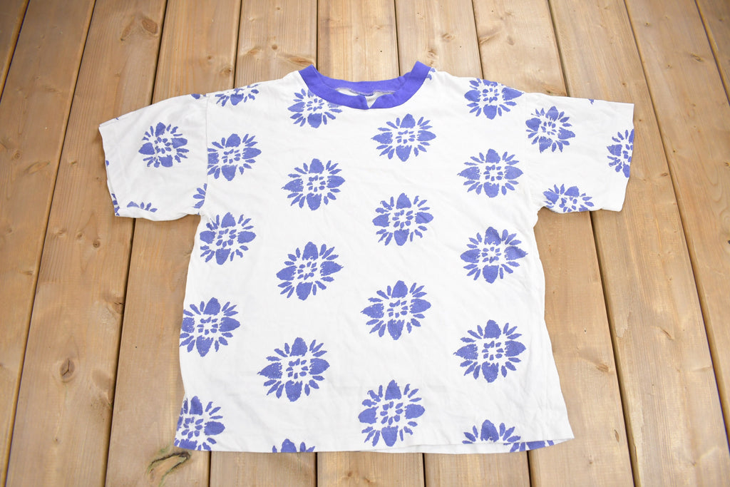 Vintage 1990s Floral Theme All Over Print Graphic T Shirt