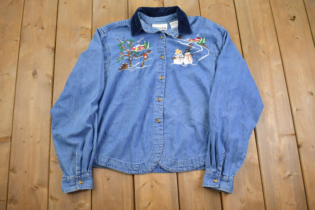 Vintage 1990s Snowman Winter Embroidered Denim Button Up Shirt