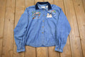 Vintage 1990s Snowman Winter Embroidered Denim Button Up Shirt