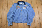 Vintage 1990s Snowman Winter Embroidered Denim Button Up Shirt