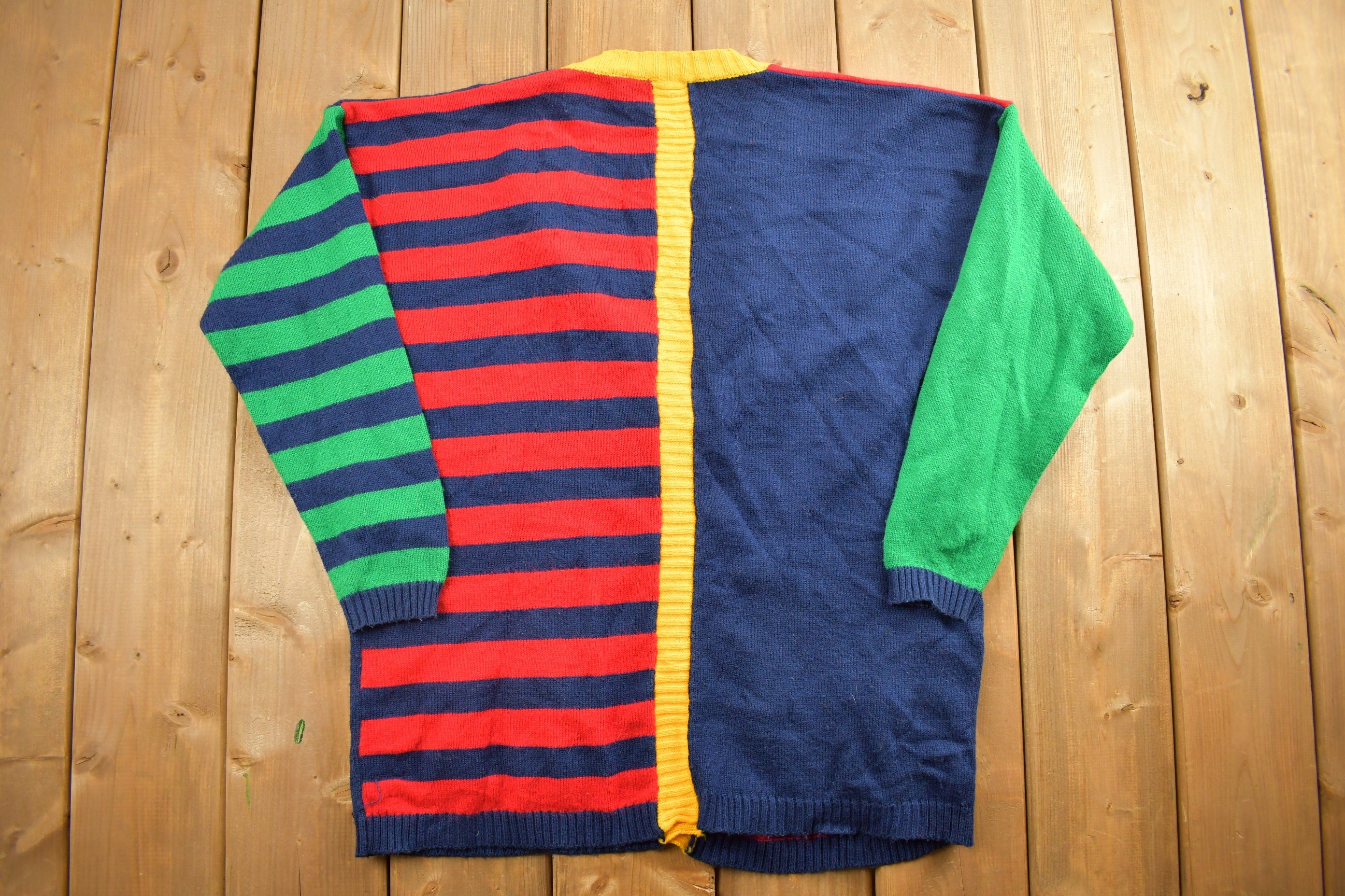 Vintage 1990s Color Block Striped Knitted Cardigan Sweater