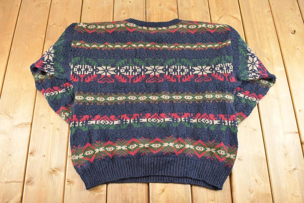 Vintage 1990s LL Bean Heavy Knit Crewneck Sweater Men's L / 90's Abstract Pattern 3D Knitted Sweatshirt