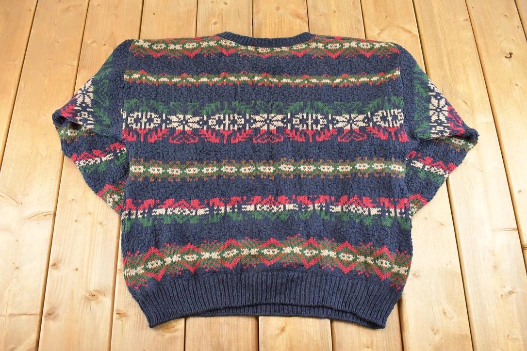Vintage 1990s LL Bean Heavy Knit Crewneck Sweater Men's L / 90's Abstract Pattern 3D Knitted Sweatshirt