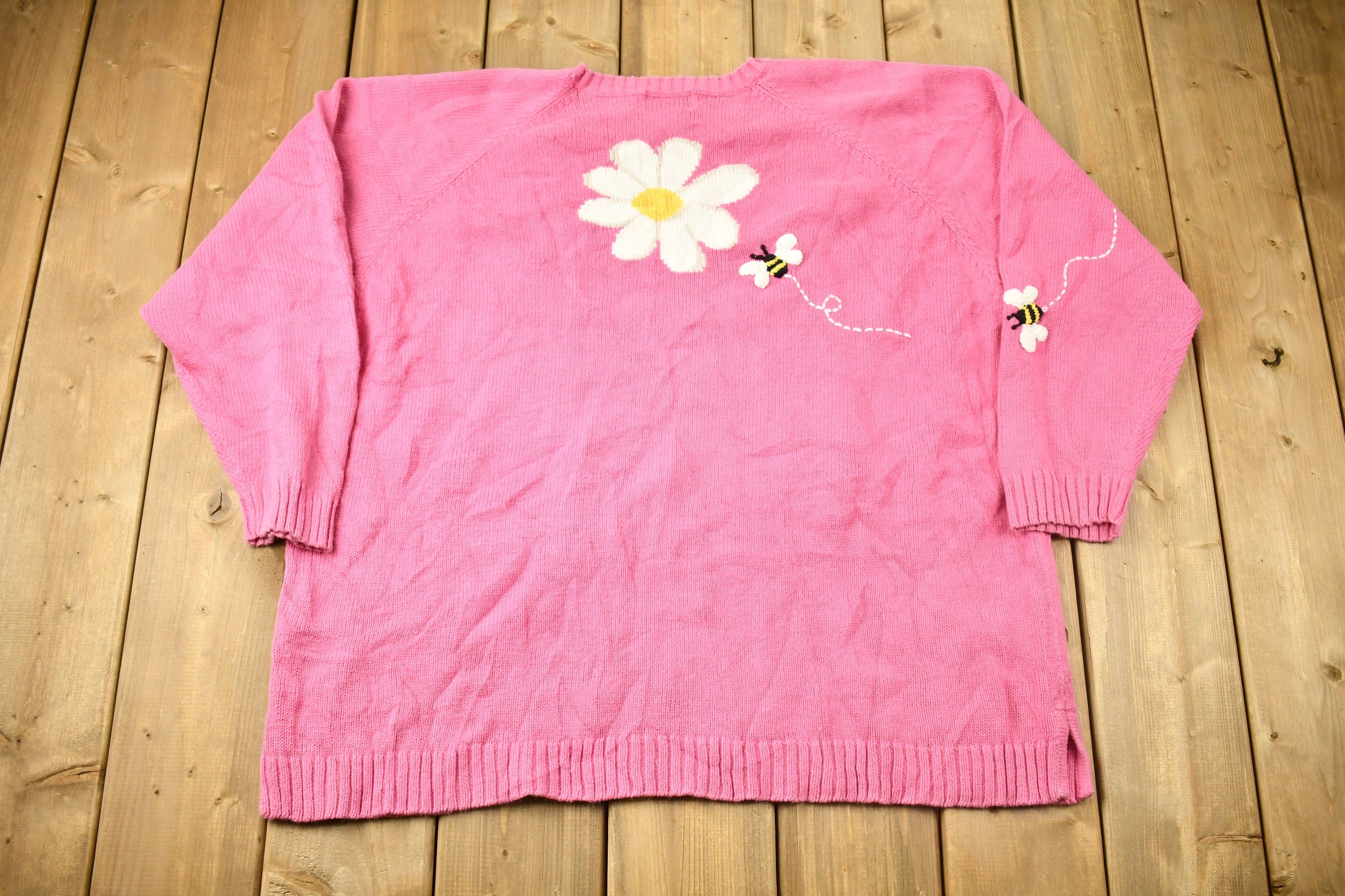 Vintage 1990s The Quacker Family Knitted Flower Crewneck Sweater