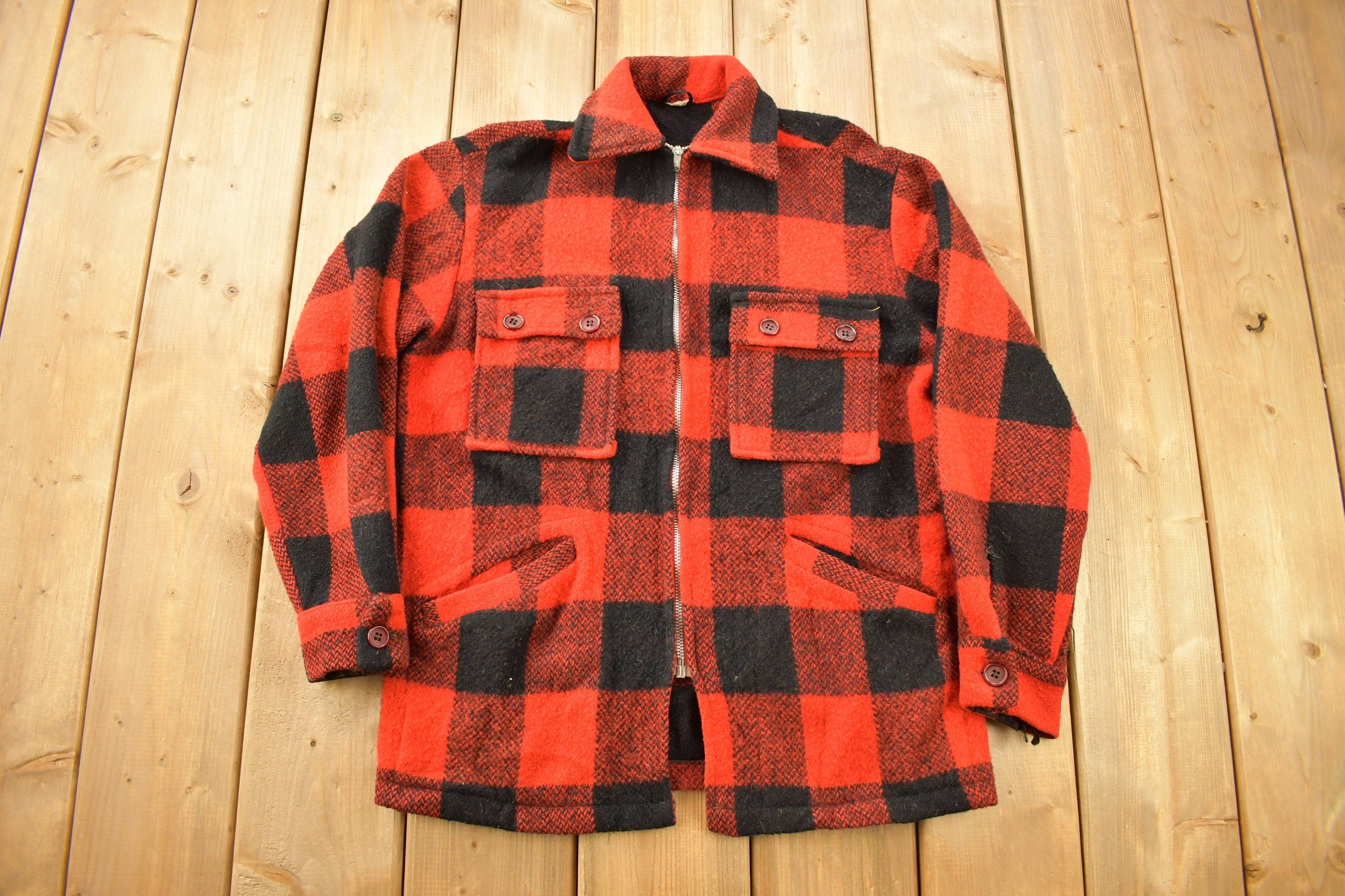 Vintage 1970s 100% Wool Buffalo Plaid Zip Up Jacket