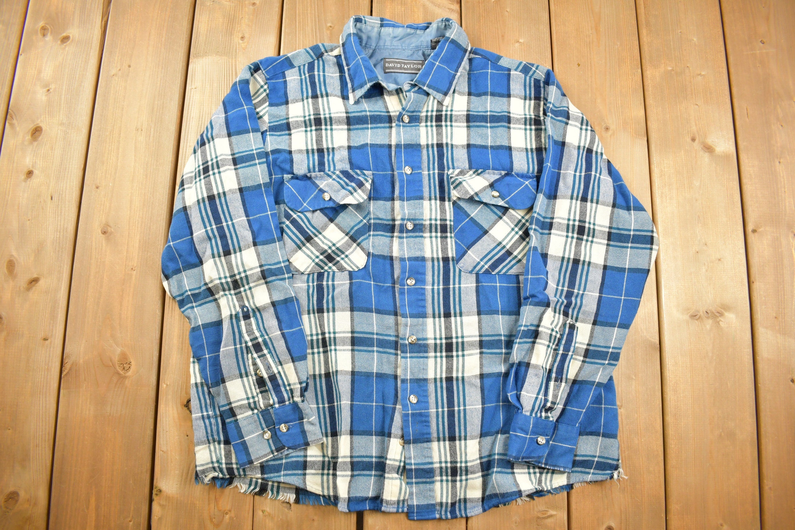 Vintage 1990s David Taylor Plaid Flannel Button Up Shirt Frayed Hem