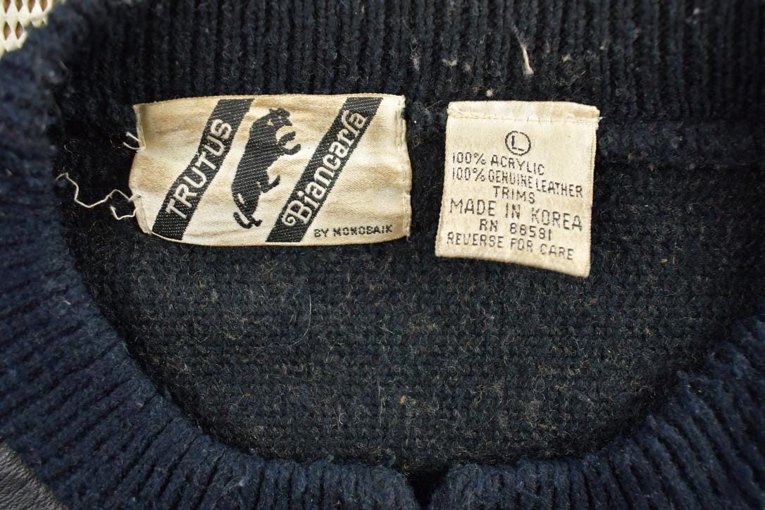 Vintage 1990s Trutus Biancarla Crazy Leather Knit Quarter Button Crewneck Sweater  90s Crewneck  Preppy
