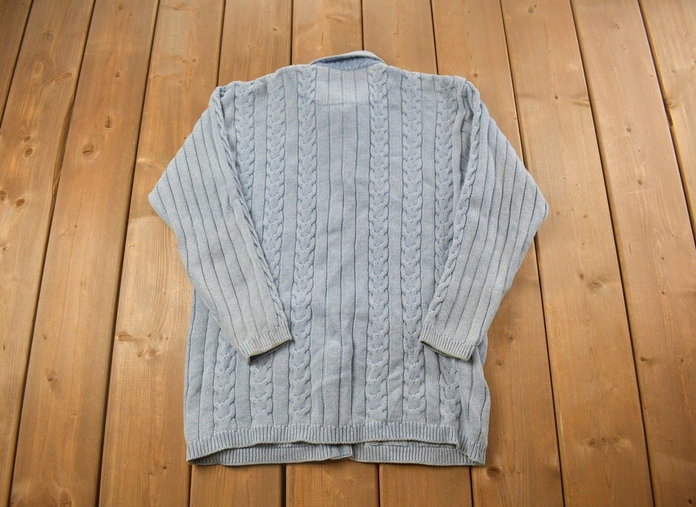 Vintage 1990s Blue Wilts Knitted Collard Cardigan Sweater /