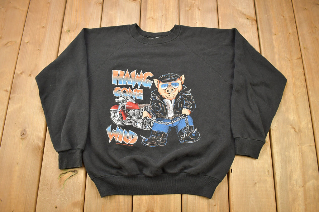 Vintage 1986 Hawg Gone Wild 3D Emblem Biker Graphic Raglan Crewneck Sweatshirt