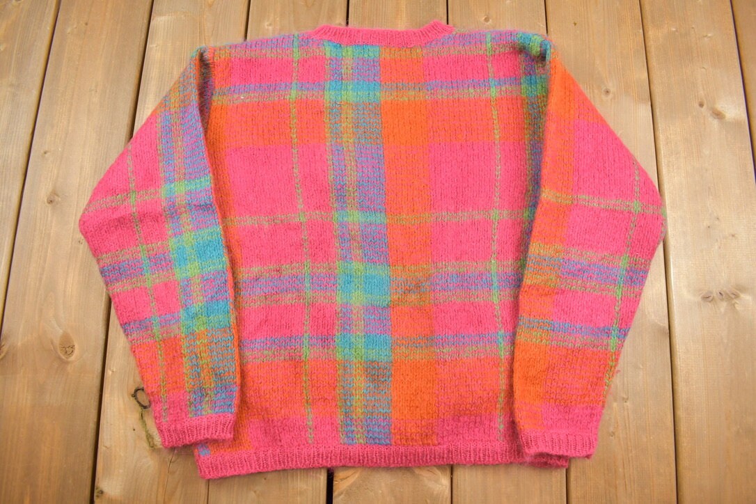 Vintage 1980s Rainbow Plaid Gallagher Knitted Mohair Sweater / Vintage 80s Crewneck / Pattern Sweater / Hand Knit / Pullover Sweatshirt