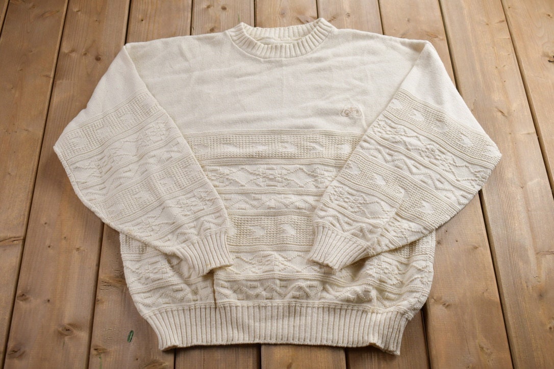 Vintage 1990s 3D Knit Crewneck Sweater / Vintage 90s Crewneck / All Over Pattern / Colorful / Sweatshirt / Abstract Pattern / Knitted