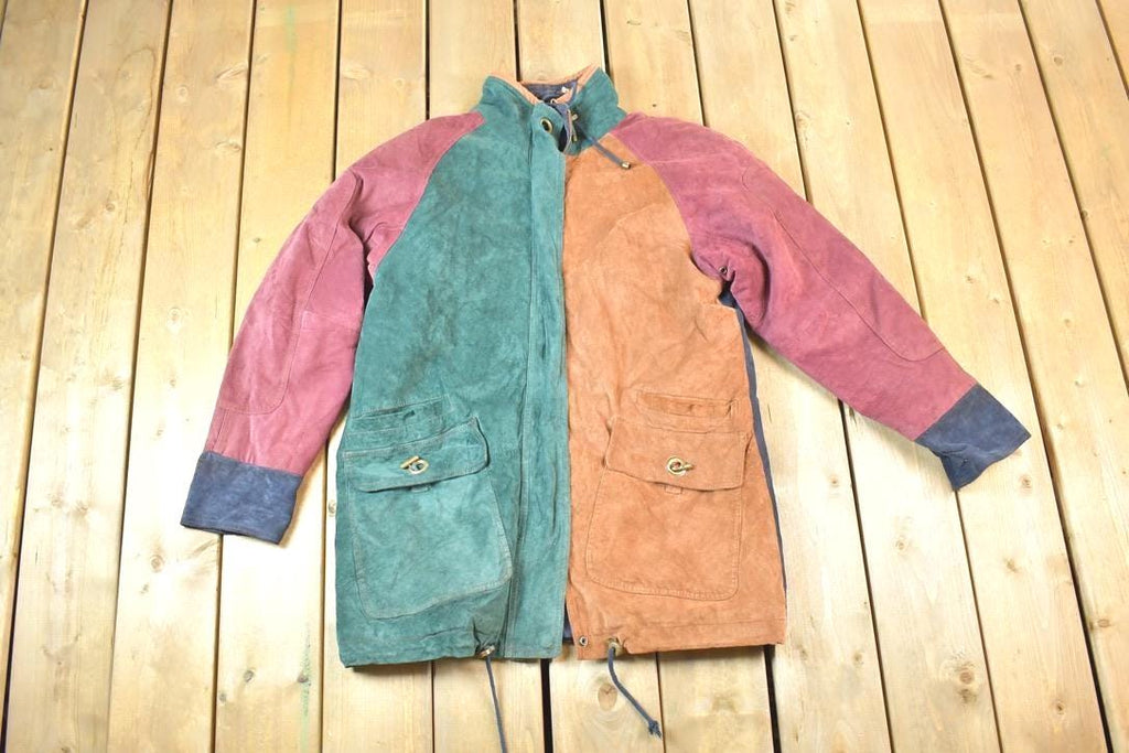 Vintage 1990s Ada Colour Block Leather Boho Rock Jacket Made In USA