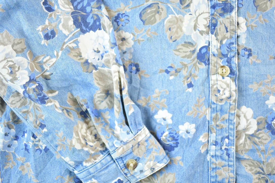 Vintage 1990s Casey And Max Denim AOP Floral Button Up Shirt Womens L