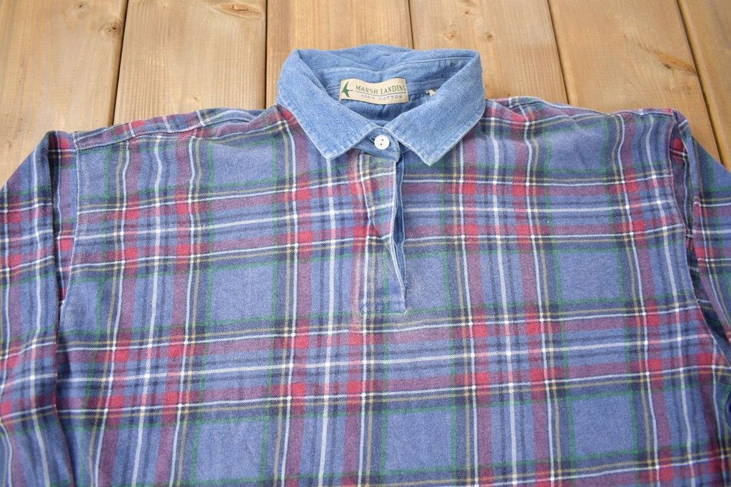 Vintage 1990s Marsh Landing Quarter Button Plaid Collared Crewneck Sweatshirt Size M