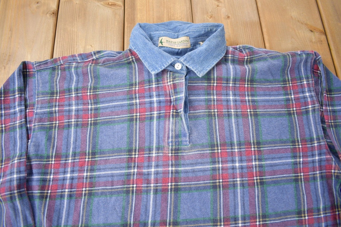 Vintage 1990s Marsh Landing Quarter Button Plaid Collared Crewneck Sweatshirt Size M