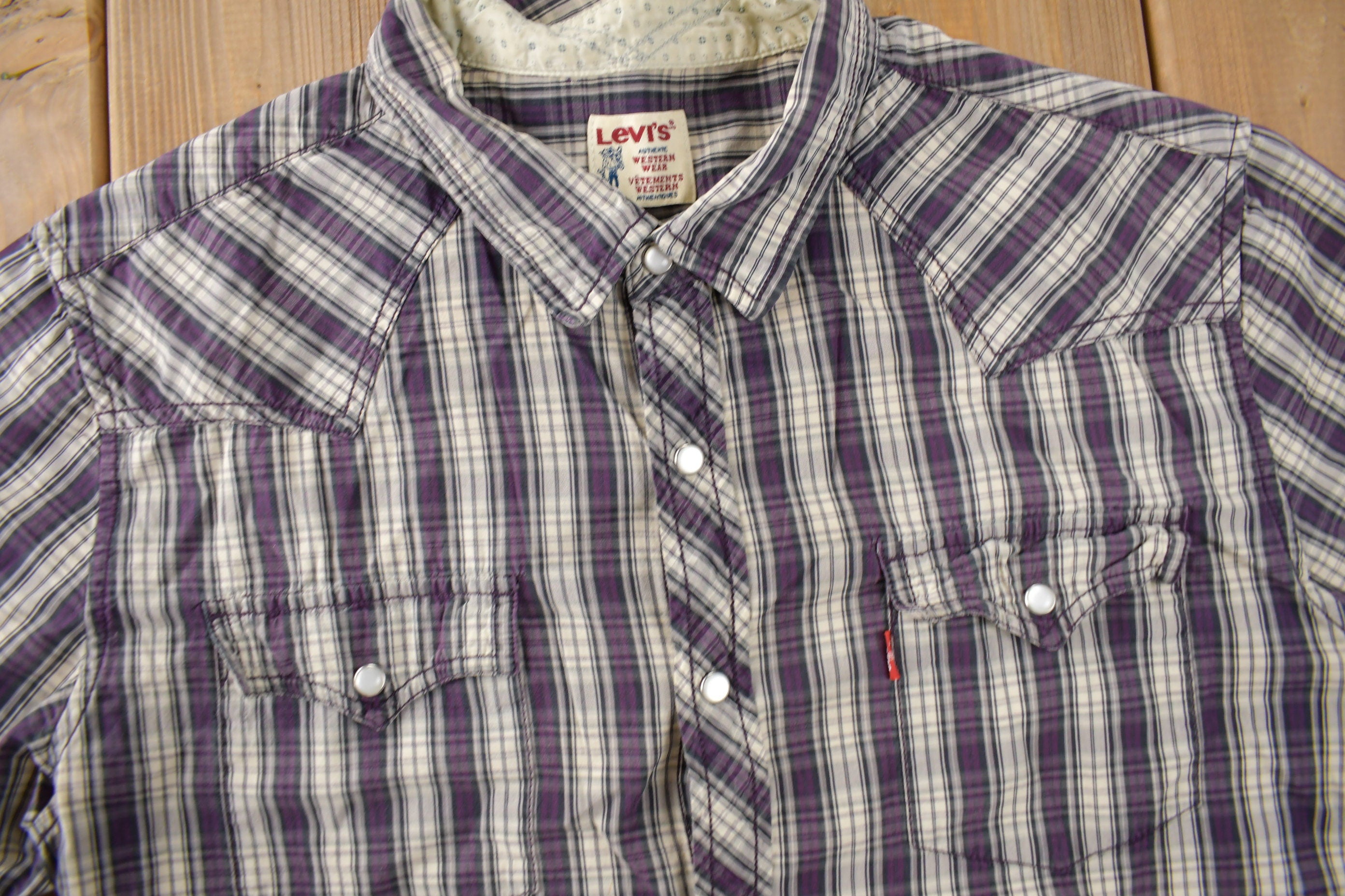 Vintage 1990s Levi's Western Wear Pearl Snap Plaid Short Sleeve Button Up Shirt Size L