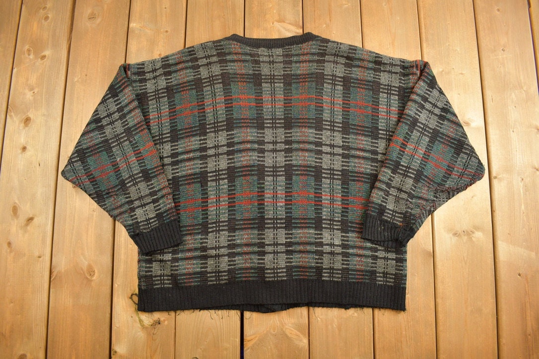 Vintage 1980s Prince Bellini Knitted Plaid Cardigan Sweater