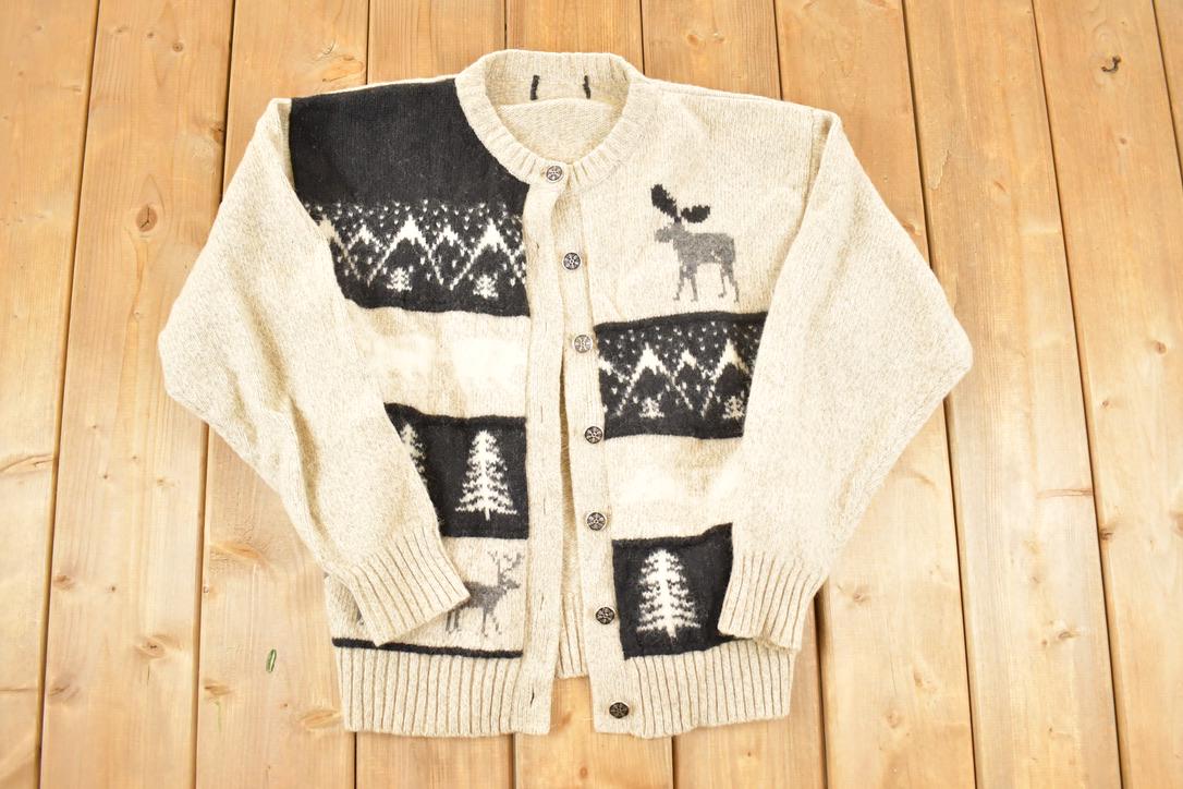 Vintage 1990s Christmas Deer Knit Cardigan Sweater Men's M