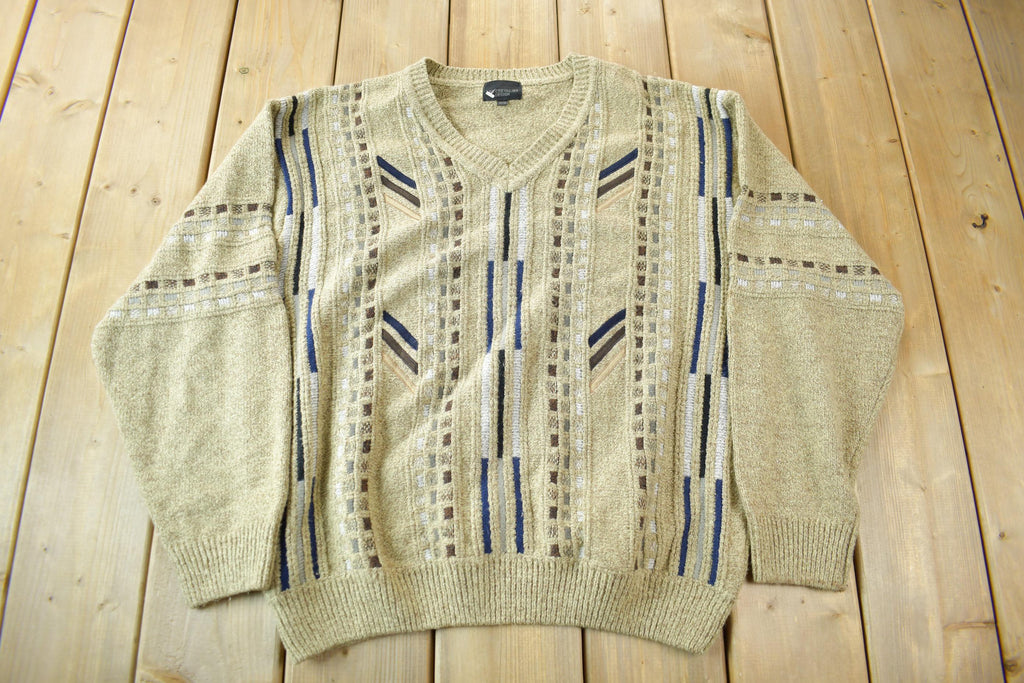 Vintage 1990s Leo Chevalier Cable Knit V-Neck Sweater / Vintage Cable Knit / Abstract Patterns / Size Medium