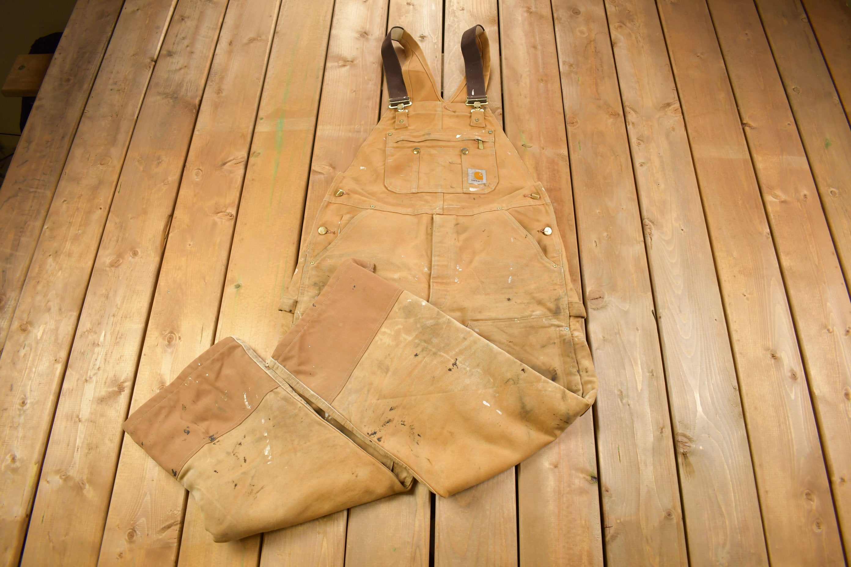 Vintage 1990s Carhartt Double Knee Quilted Canvas Paint Splattered Overalls Size 36 x 26