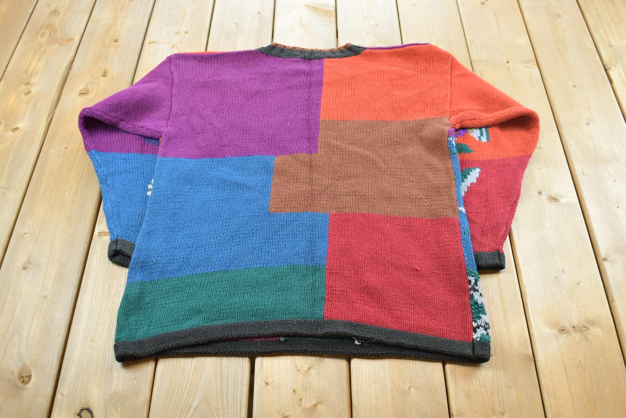Vintage 1990s Hand Knitted All Over Floral Graphic Crewneck Sweater Mens M