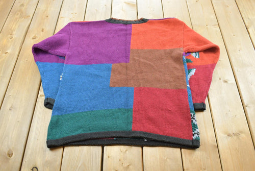 Vintage 1990s Hand Knitted All Over Floral Graphic Crewneck Sweater Mens M