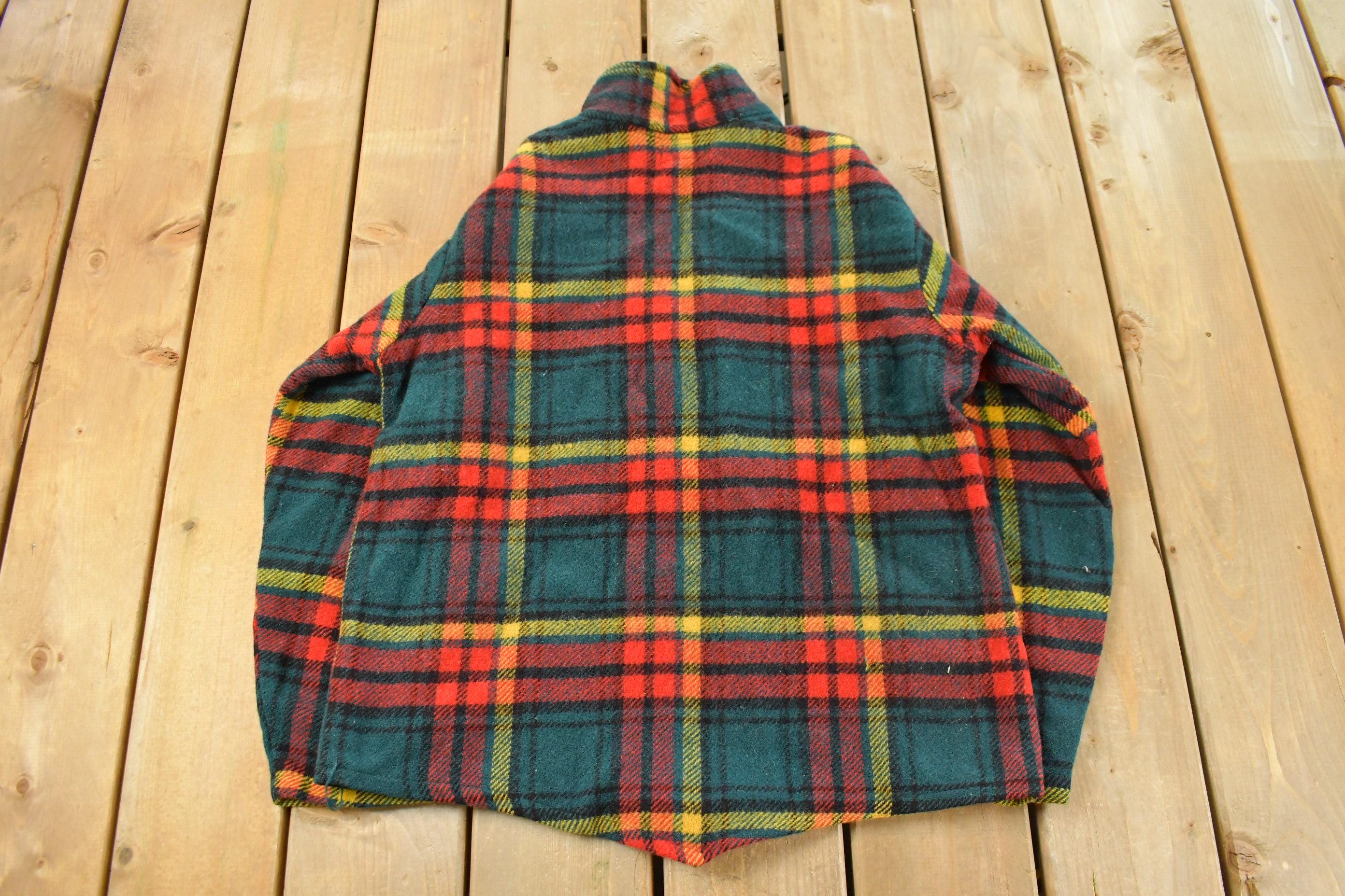 Vintage 1950s Amcrest Tartan Plaid Rangers Pullover Button Up Wool Shirt Men's Medium