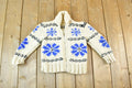 Vintage 1950s Hand Knit Wool Snowflake Full Zip Sweater Youth S