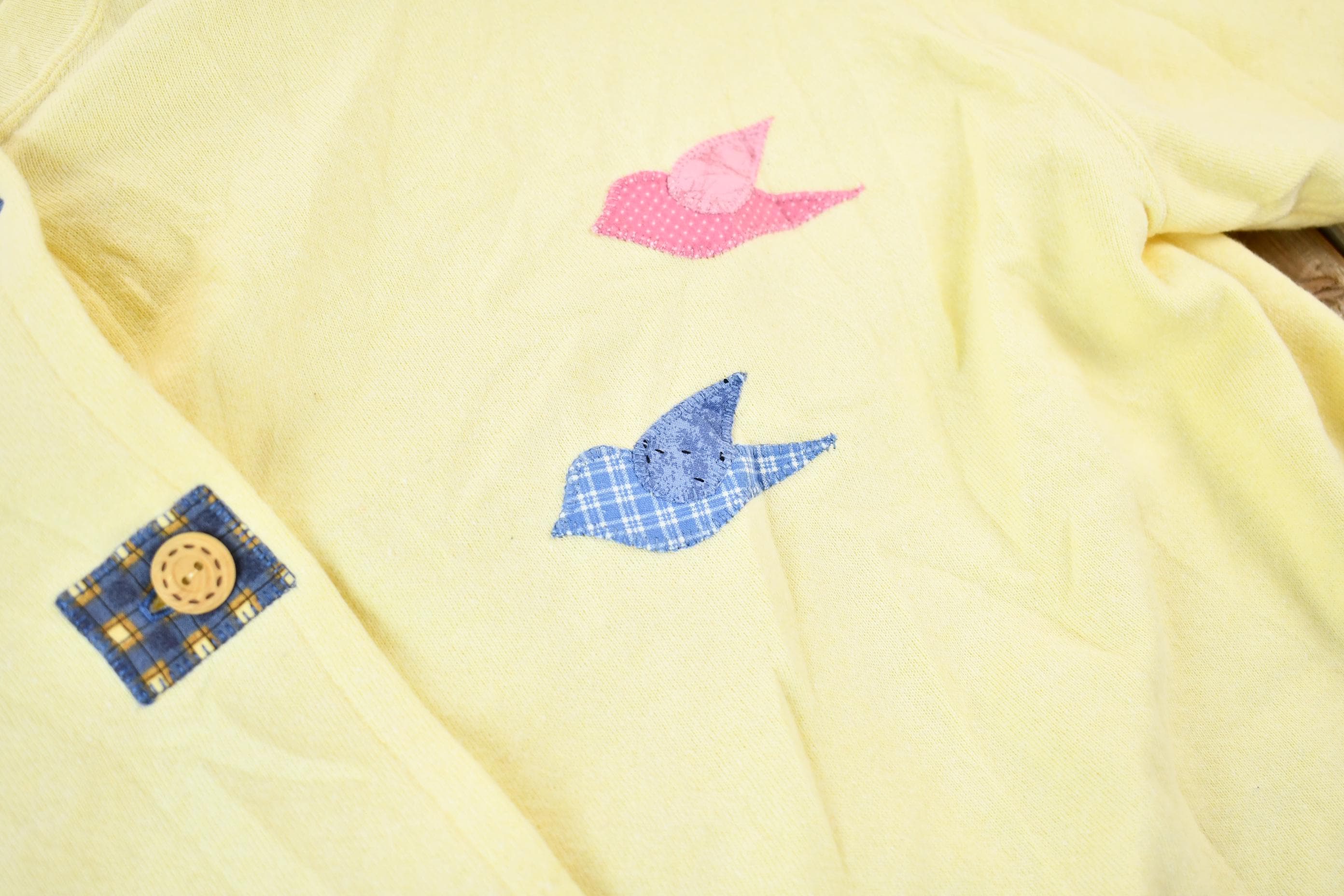 Vintage 1990s Lee Women's Fleece-Lined Handmade Cut N Sew Button-Up Patchwork Birdhouse Sweater