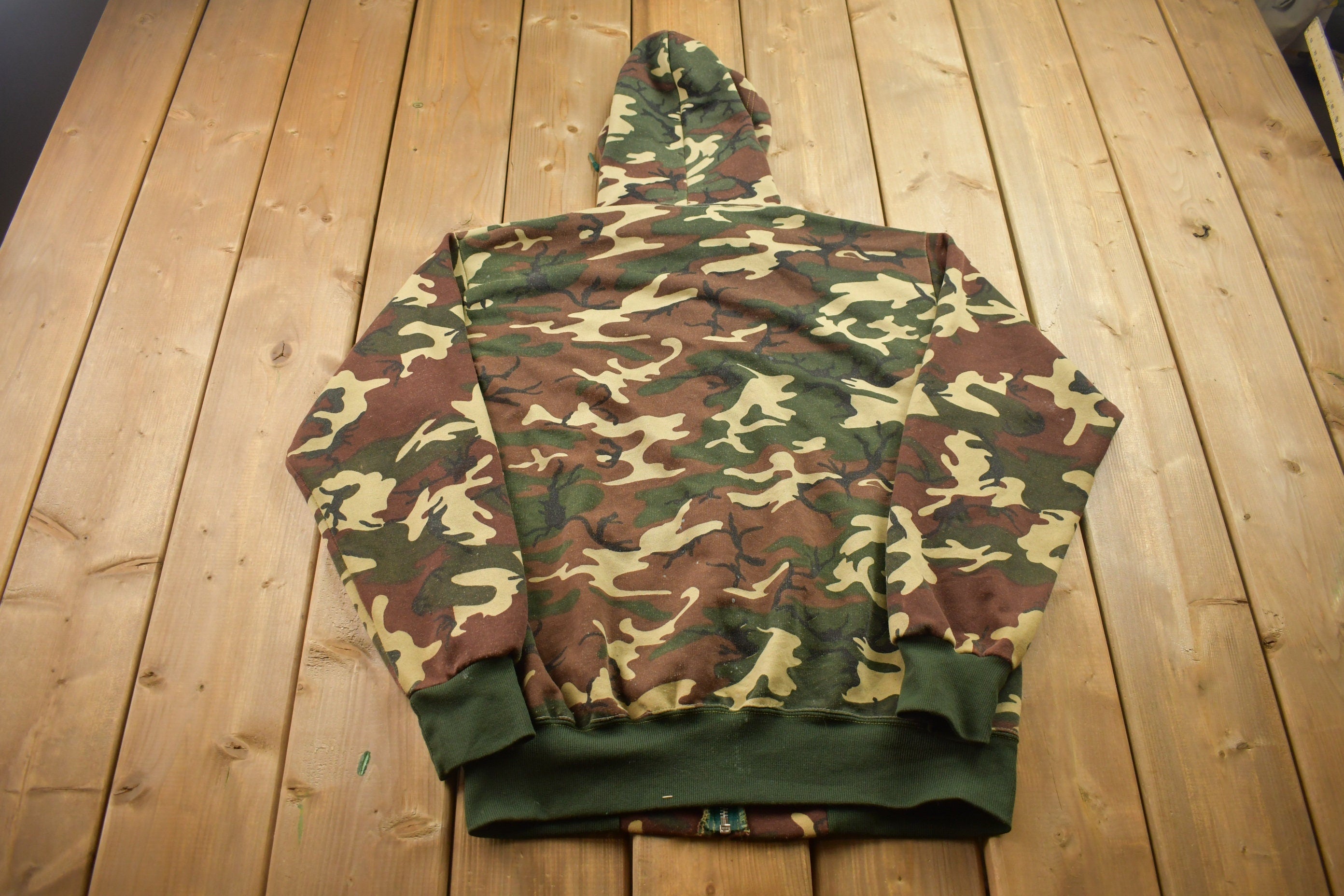 Vintage 1990s Thermal Lined Woodland Camo Zip Up Hoodie  Made in USA  90s Hoodie  Vintage Sweater  90s  Embroidered  Color Block