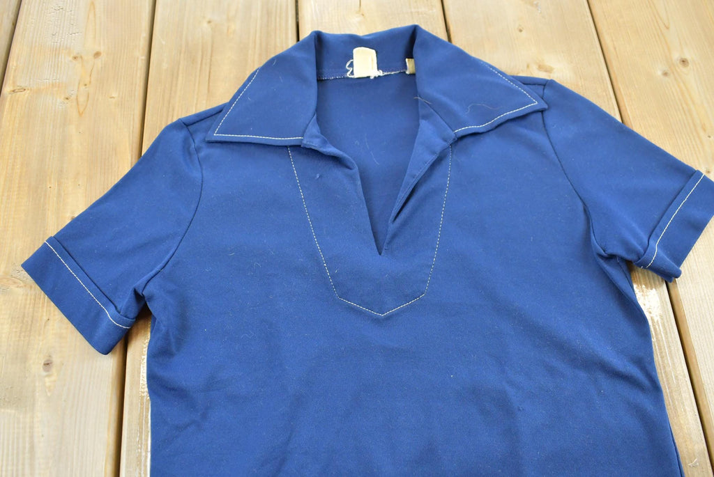 True Vintage 1970s Blank Blue Quarter Button Up Polo Shirt Women's S /