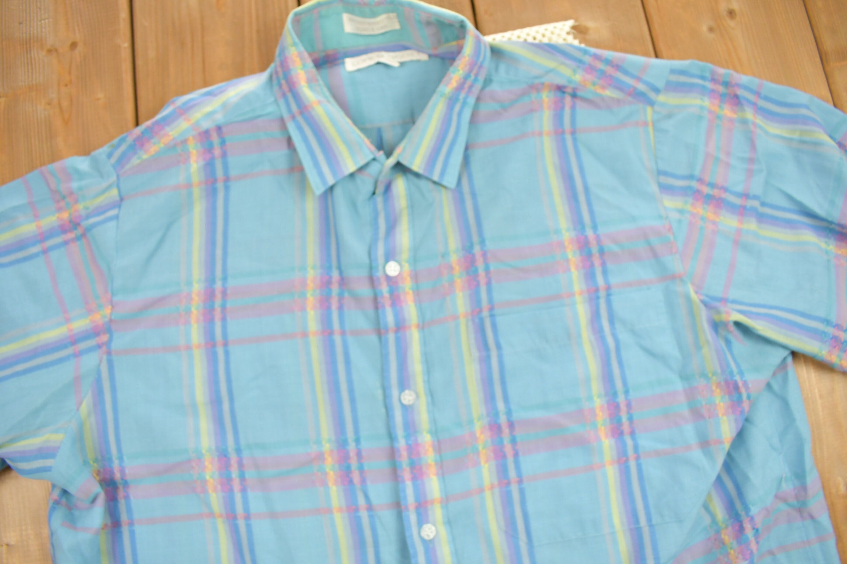 Vintage 1990s Lauren Scott Blue Plaid Short Sleeve Button Up Shirt / Short Sleeve Flannel / Casual Shirt / Formal Shirt / Essential