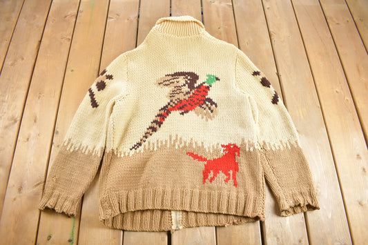 Vintage 1950s Hand-Knit Duck Hunting Theme Cowichan Sweater / Wool / True Vintage / Outdoorsman / Heavy Weight / Size M