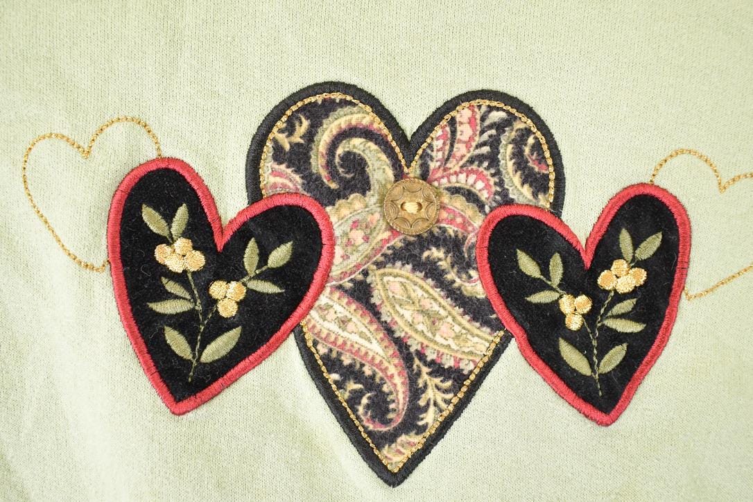 Vintage 1990s Top Stitch Embroidered Hearts Double Collar Sweatshirt Women's L