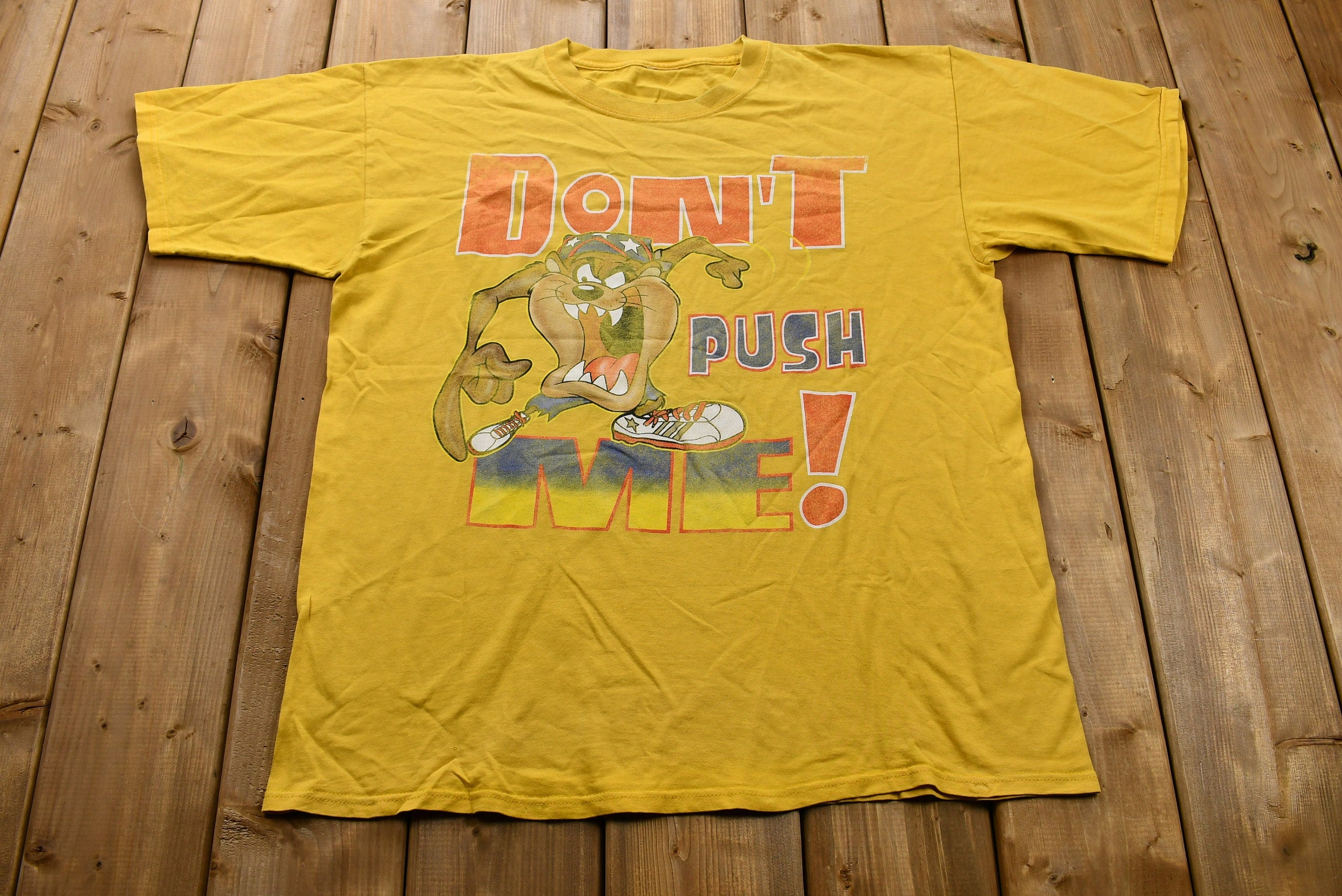 Vintage 1990s Tasmanian Devil Don't Push Me! T-Shirt Looney Tunes