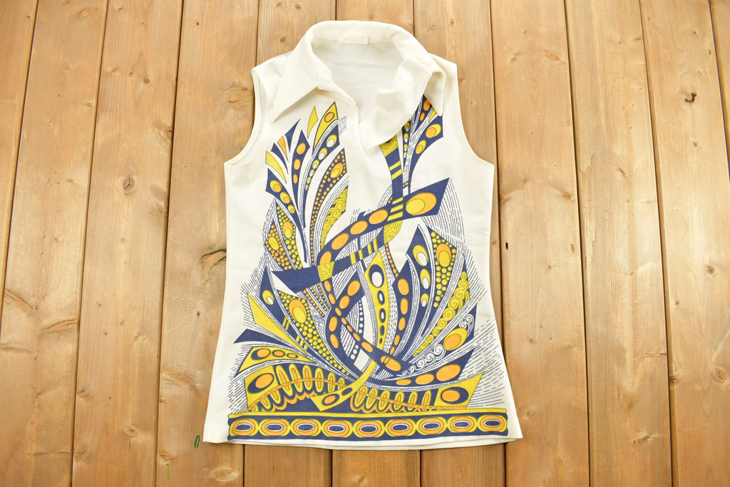 Vintage 1970s Abstract Print Sleeveless Tunic Blouse