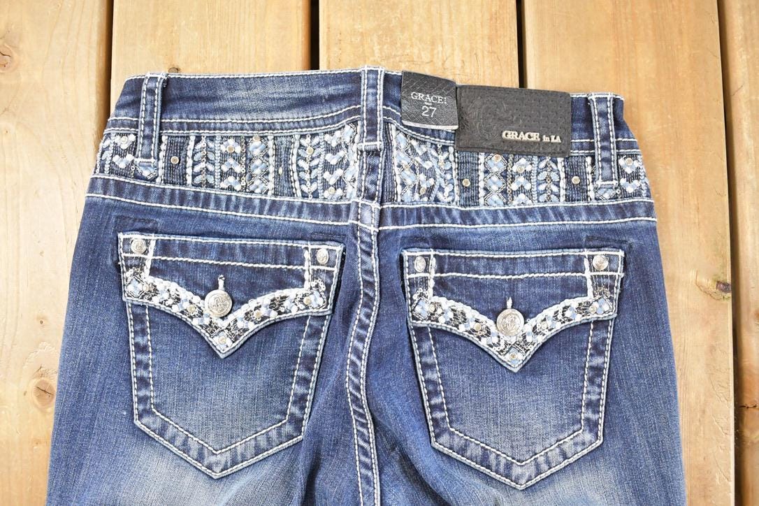 Vintage Deadstock Y2K Grace In LA Bedazzled Low Rise Jeans Women's Size 27 x 32