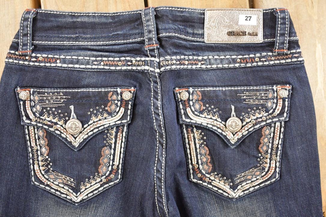 Vintage Deadstock Y2K Grace In LA Bedazzled Low Rise Jeans Women's Size 27 x 32