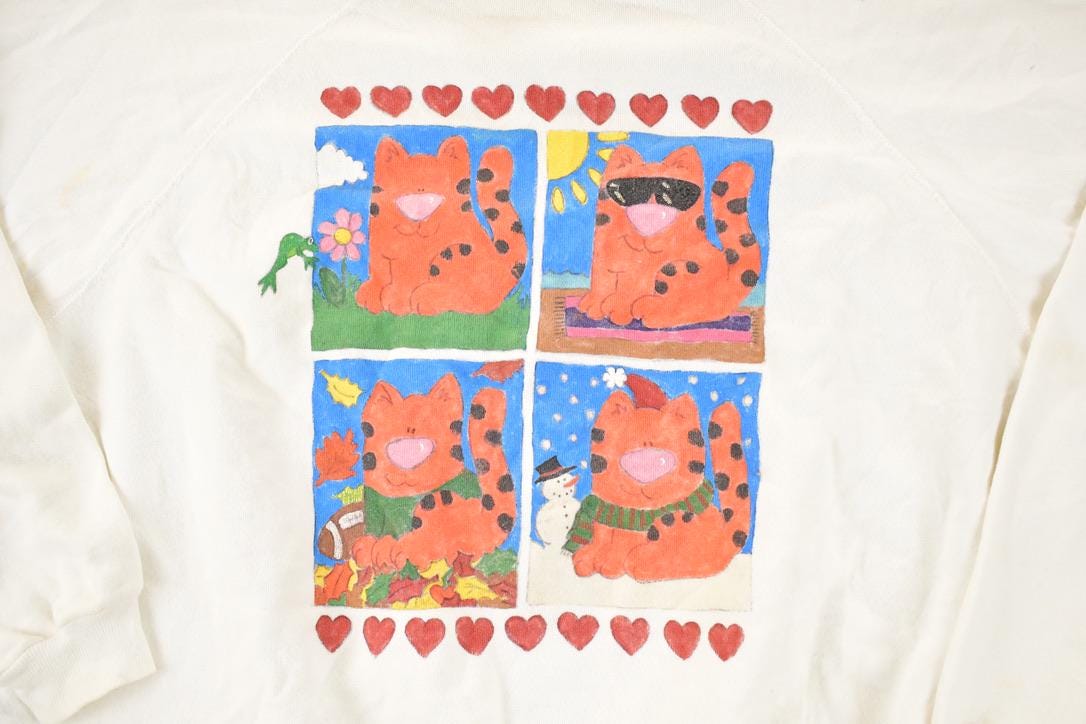 Vintage 1990s Cute Cartoon Kitty Love Crewneck Sweatshirt Men's 4X / Made In USA / 90s Cartoon Destination Sweater