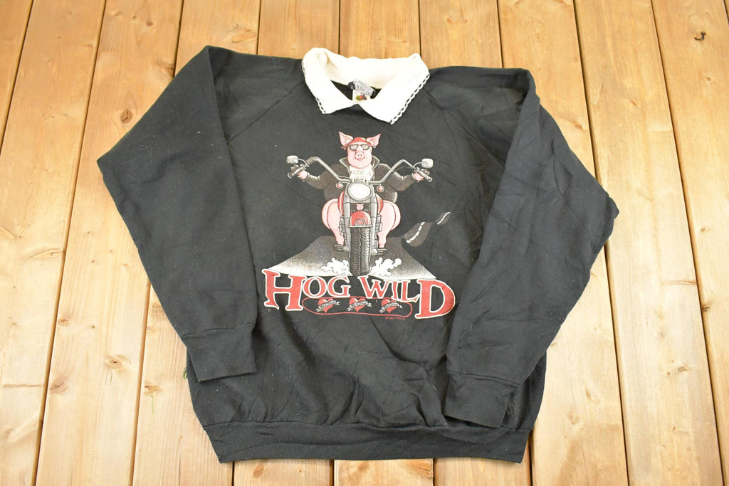 Vintage 1990s Hog Wild Piggy Motorcycle Souvenir Collared Crewneck Sweatshirt Womens L  90s Crewneck  Travel Vacation Sweater